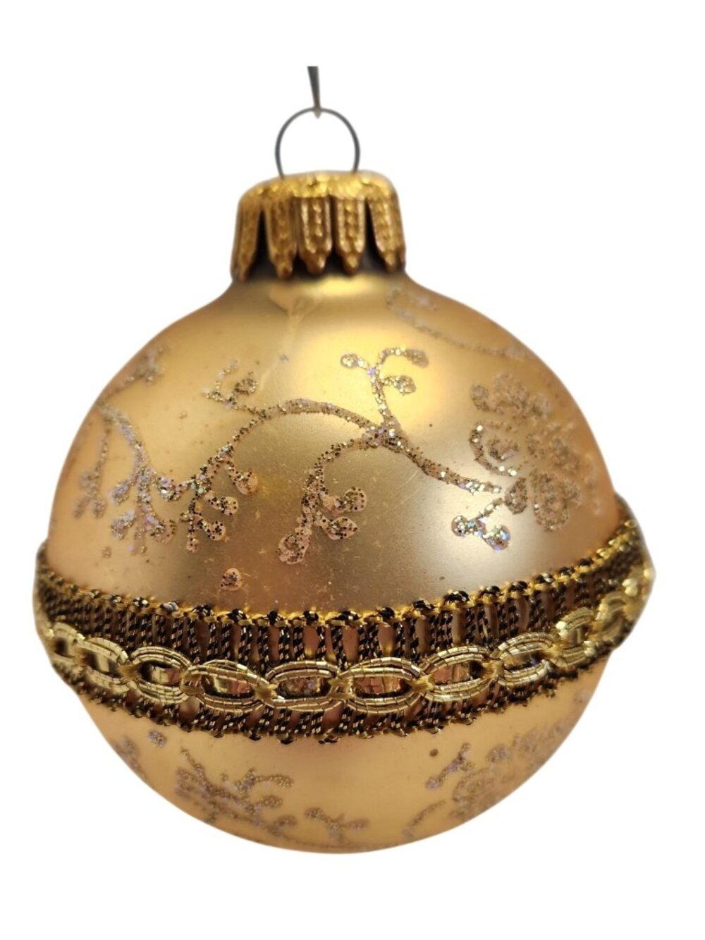 German Gold Glass Christmas Ornament Glitter Vine Design Braided Band READ